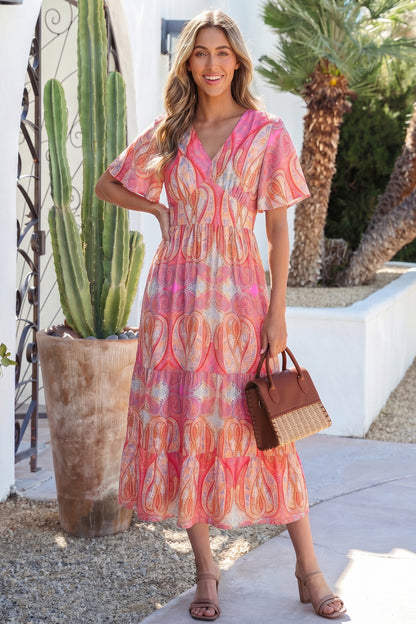 Maxi-jurk met V-hals korte mouwen en V-hals in veelkleurige paisleyprint