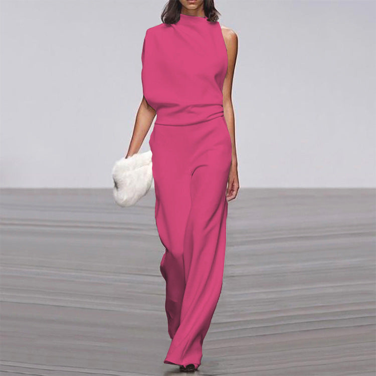 Womens Solid Color One Shoulder Ruched Collar Jumpsuit