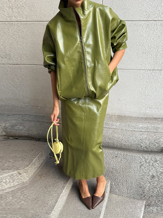 Elegant Leather Jacket and Skirt Set