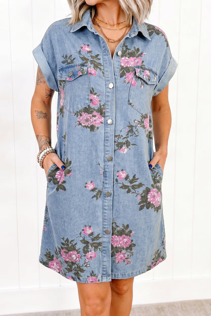 Denim jurk met bloemenprint korte mouwen manchetten zakken en knoopsluiting