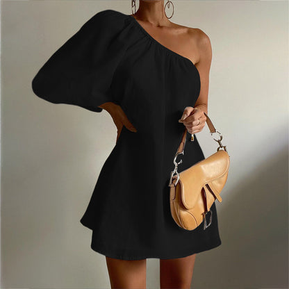 Womens Oblique Shoulder Flared Sleeve Dress