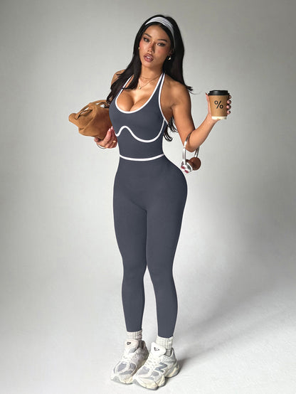 Dames yoga halterjumpsuit met hoge taille en kleurblokken