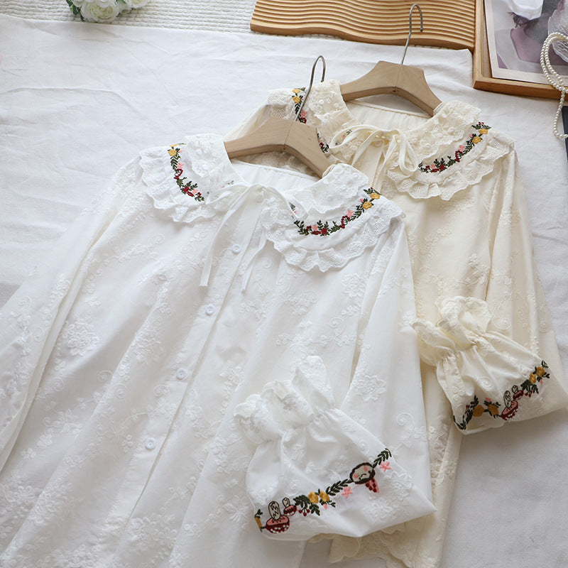 Embroidered Doll Collar Long Sleeve Blouse