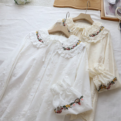 Embroidered Doll Collar Long Sleeve Blouse