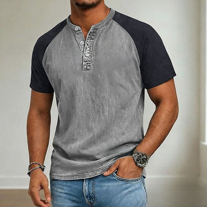 Men's Vintage Washed Henry Collar Short Sleeve Shirt