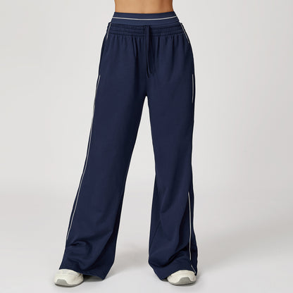 Contrasting Color Sports Sweatpants Loose High Waisted Straight Pants with Pockets