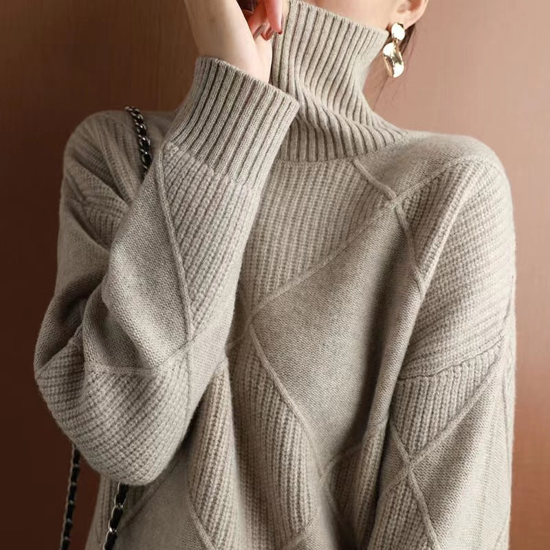 Womens Solid Color High Neck Diamond Pattern Loose Knitwear Sweater