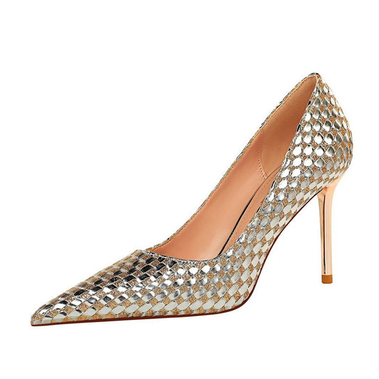 Glanzende PU-leren stilettohakken met pailletten en metalen decoratie