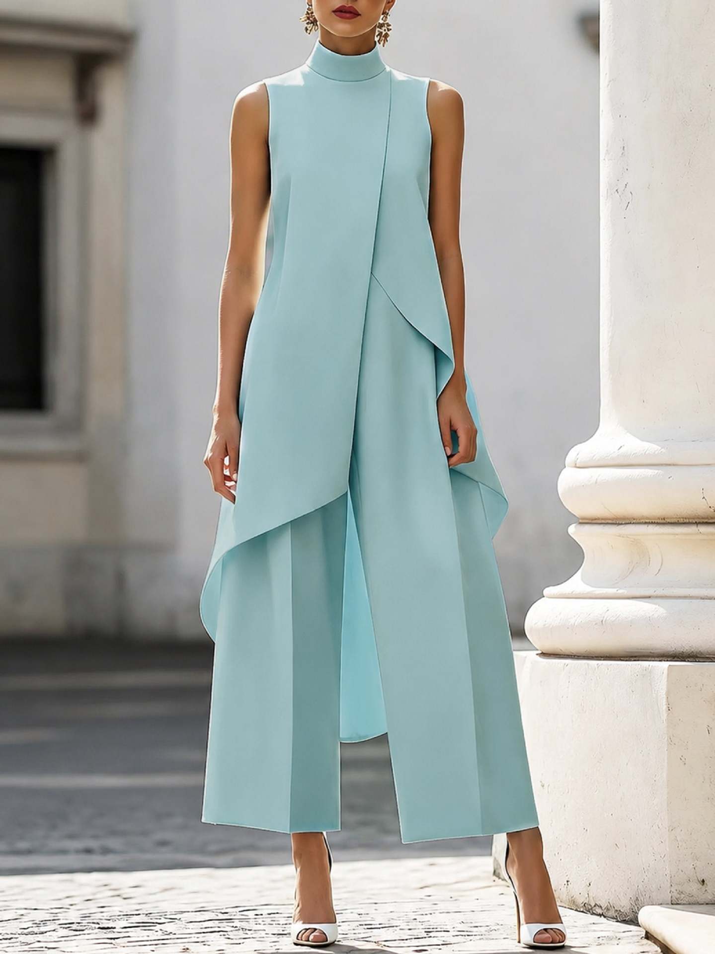 Womens High-Neck Sleeveless Wide-Leg Pants Set