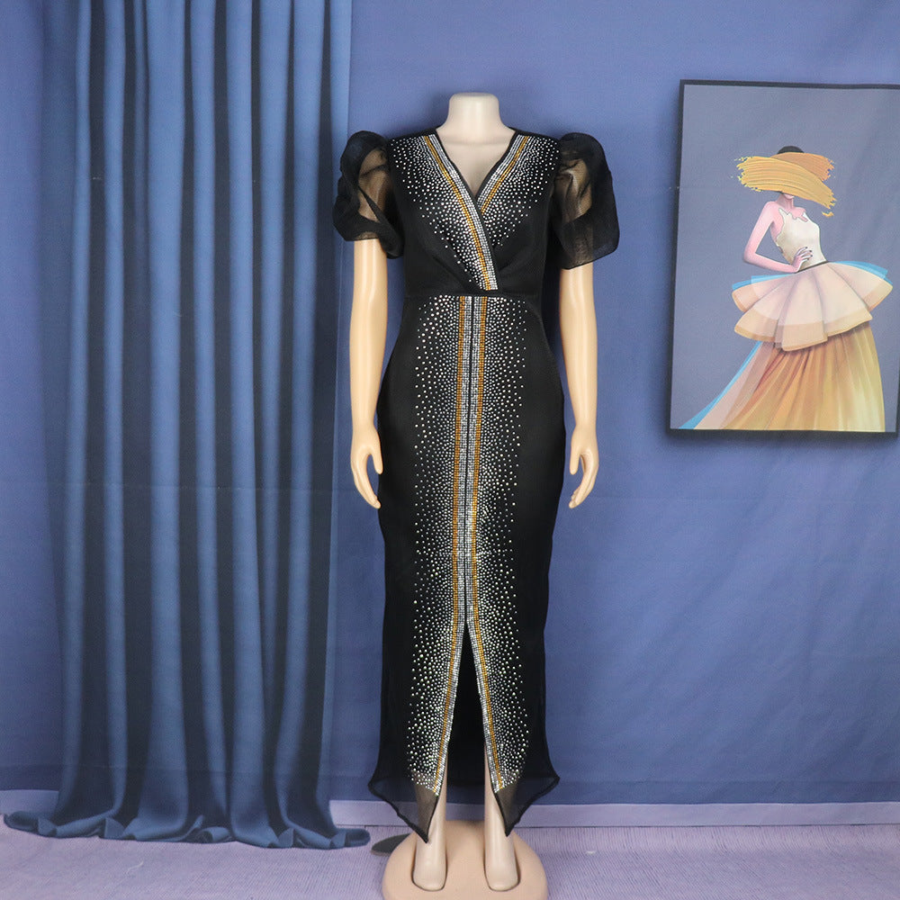 Womens Mesh Rhinestone Puff Sleeve Dress