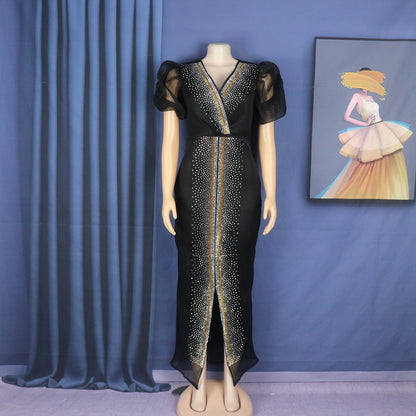 Womens Mesh Rhinestone Puff Sleeve Dress