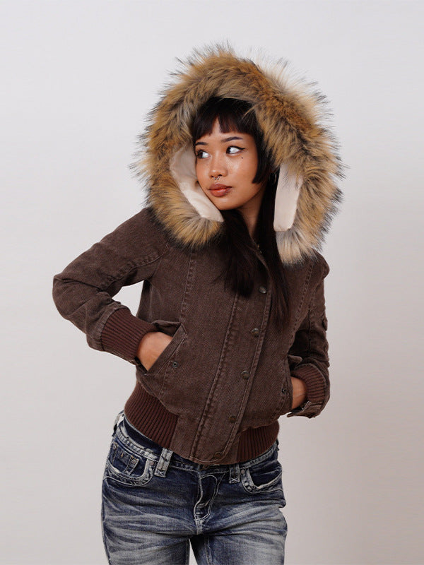 Womens Hooded Short Jacket with Detachable Fur Collar