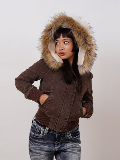 Womens Hooded Short Jacket with Detachable Fur Collar