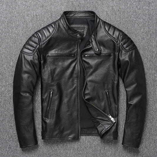 Men's Cowhide Leather Biker Jacket Windproof Stand Collar