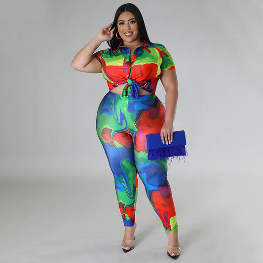 Plus Size Dames Bedrukte Zomerbroek met Korte Mouwen Blouse