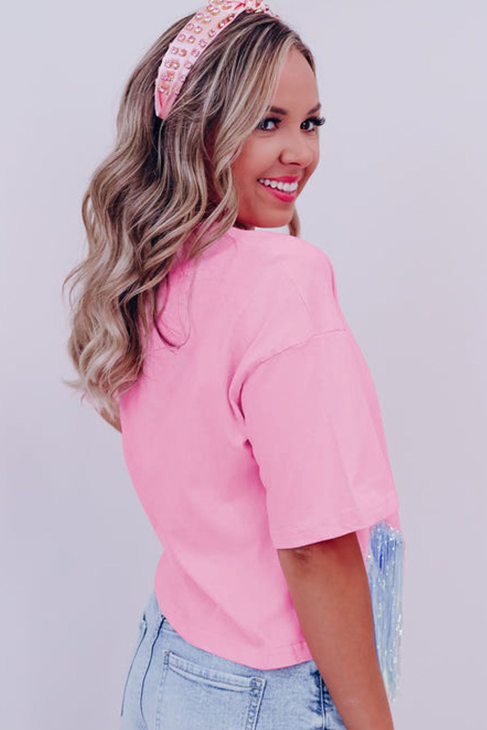 Cropped T-shirt met franjes pailletten en korte mouwen