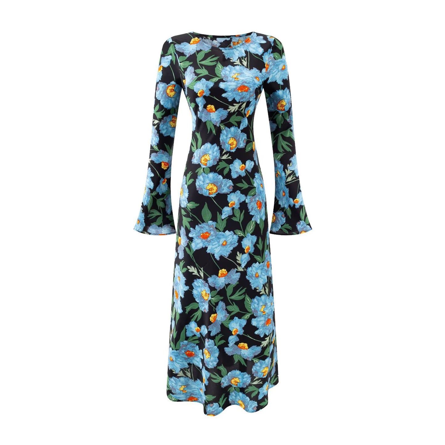 Floral Print Chiffon Dress with Bell Sleeves