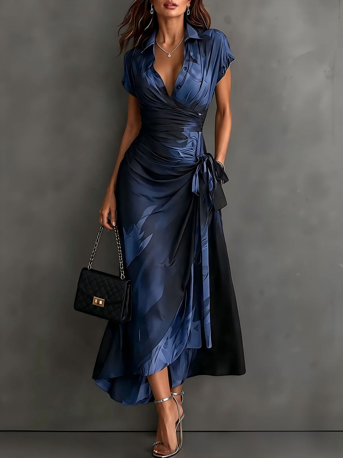Elegant printed short-sleeved lace-up dress