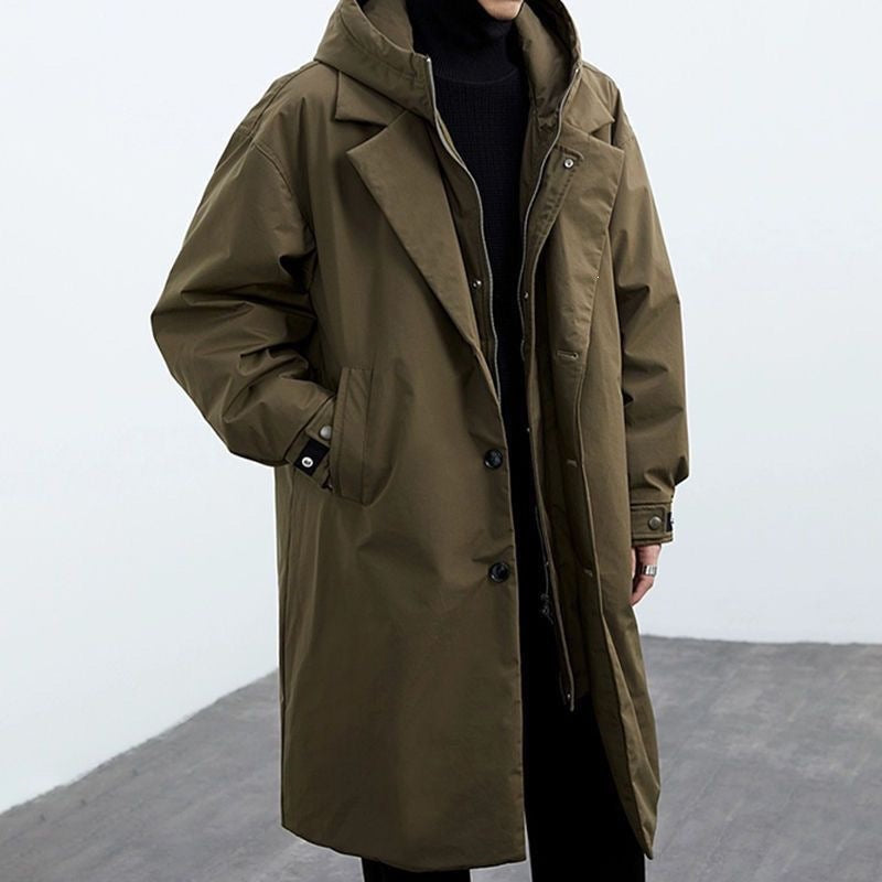 Men's two-piece hooded mid-length warm trench coat overcomes extra-thick