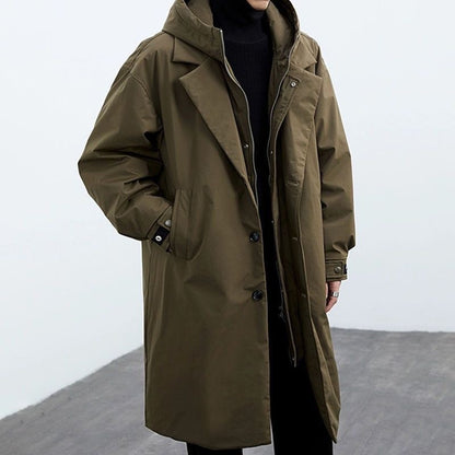Men's two-piece hooded mid-length warm trench coat overcomes extra-thick