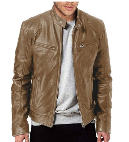 Mens Stand Collar Leather Jacket