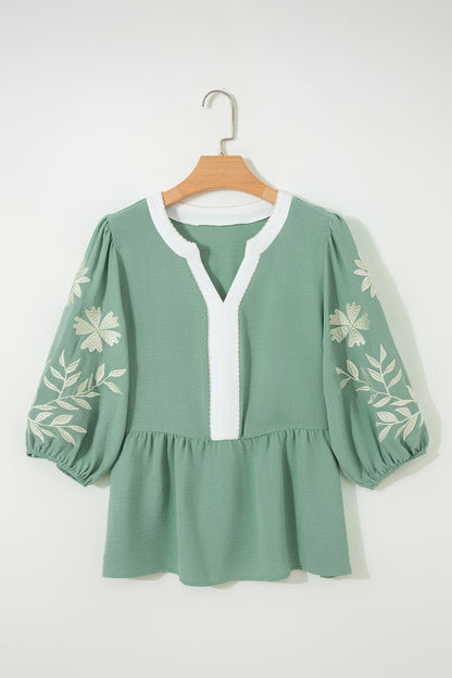 Babydoll blouse met kleurblokken patchwork V-hals en geborduurde pofmouwen