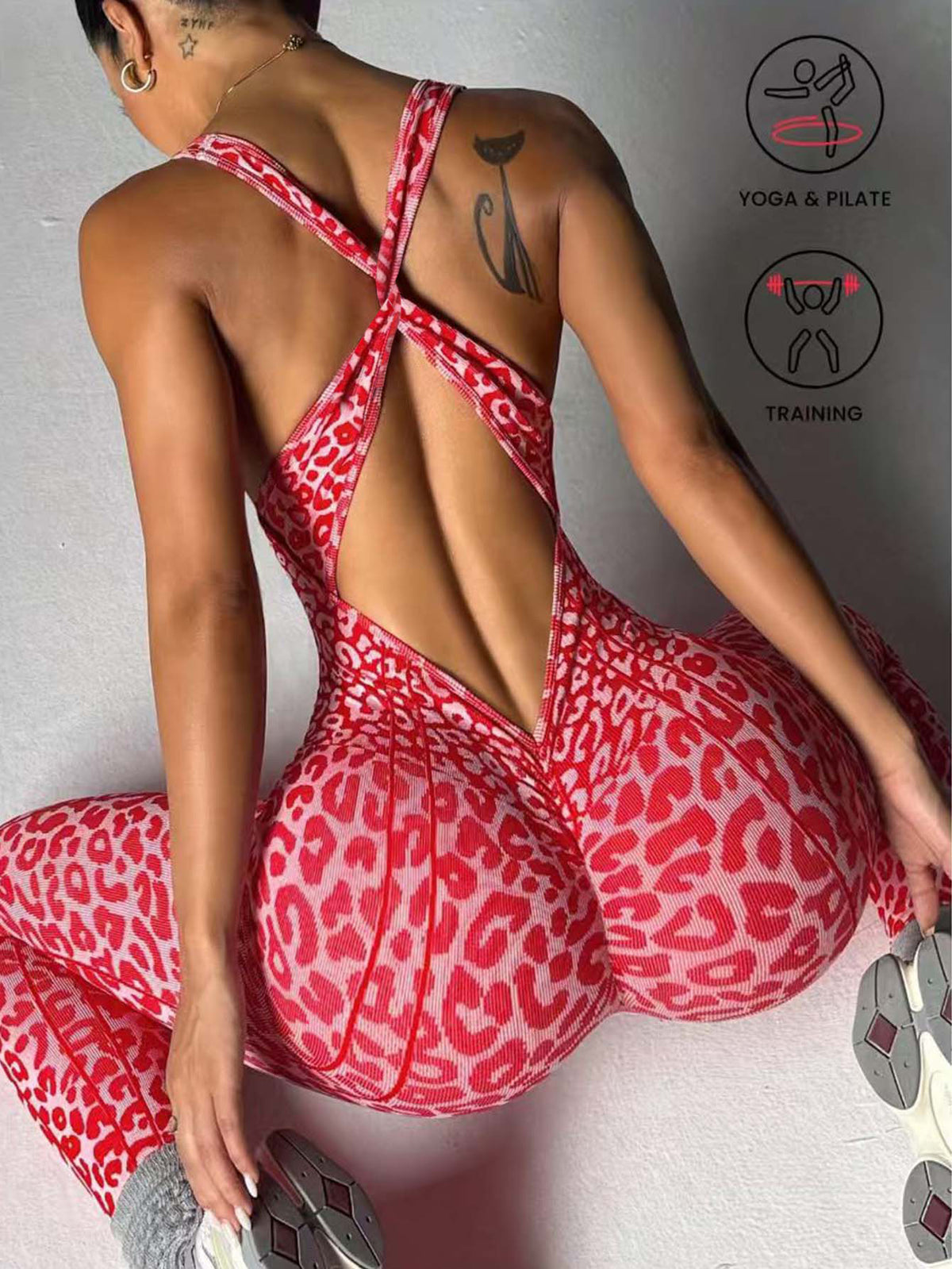Women Leopard Print One Piece Yoga Suit