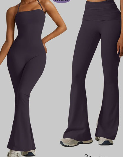 Quick Dry Yoga Fitness Suit with High Waisted Flared Pants