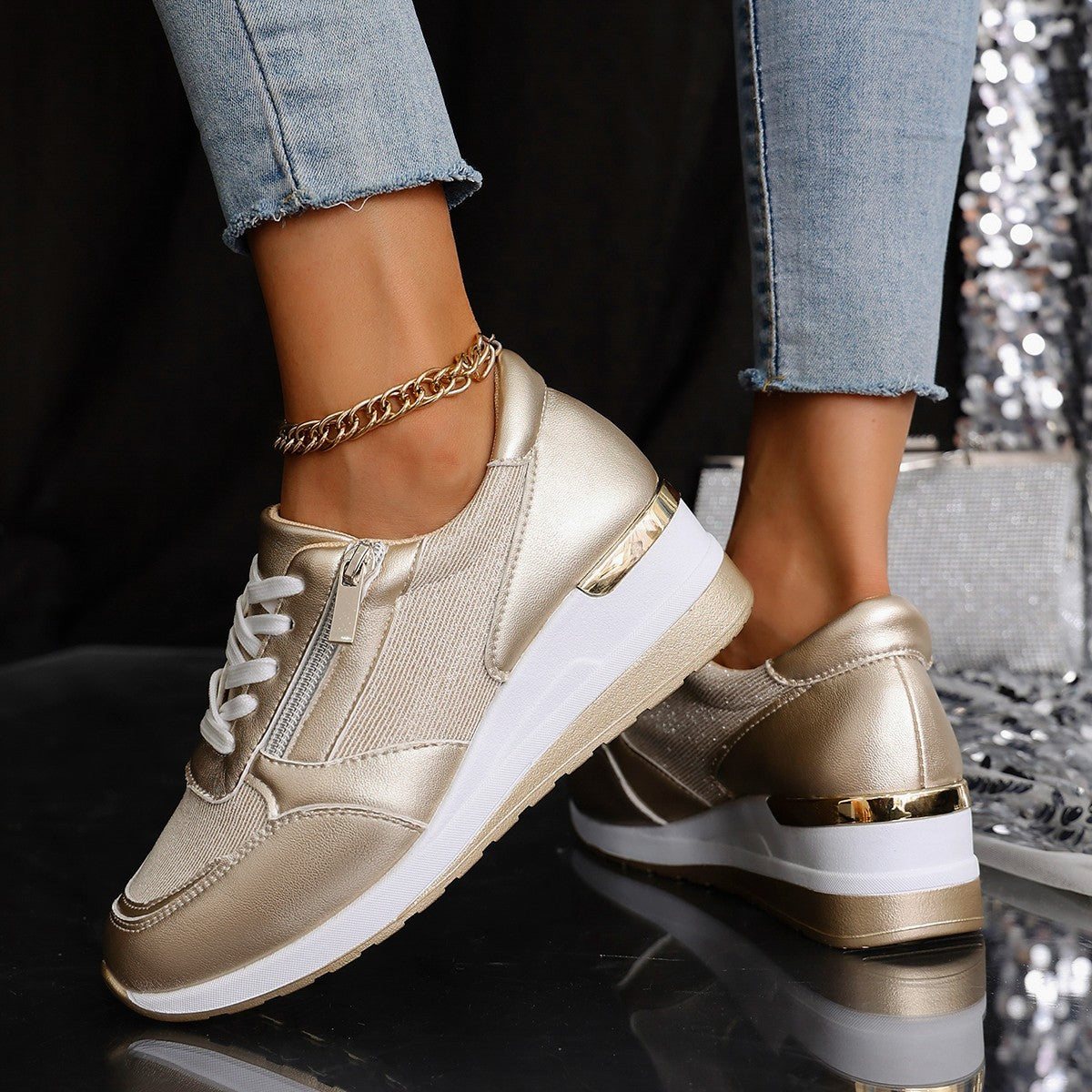 Spring and autumn new foreign trade plus size ladies slope heel Europe and the United States front lace side zipper casual sports shoes wholesale