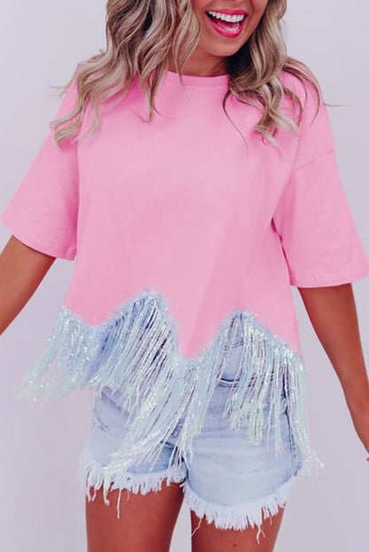 Cropped T-shirt met franjes pailletten en korte mouwen