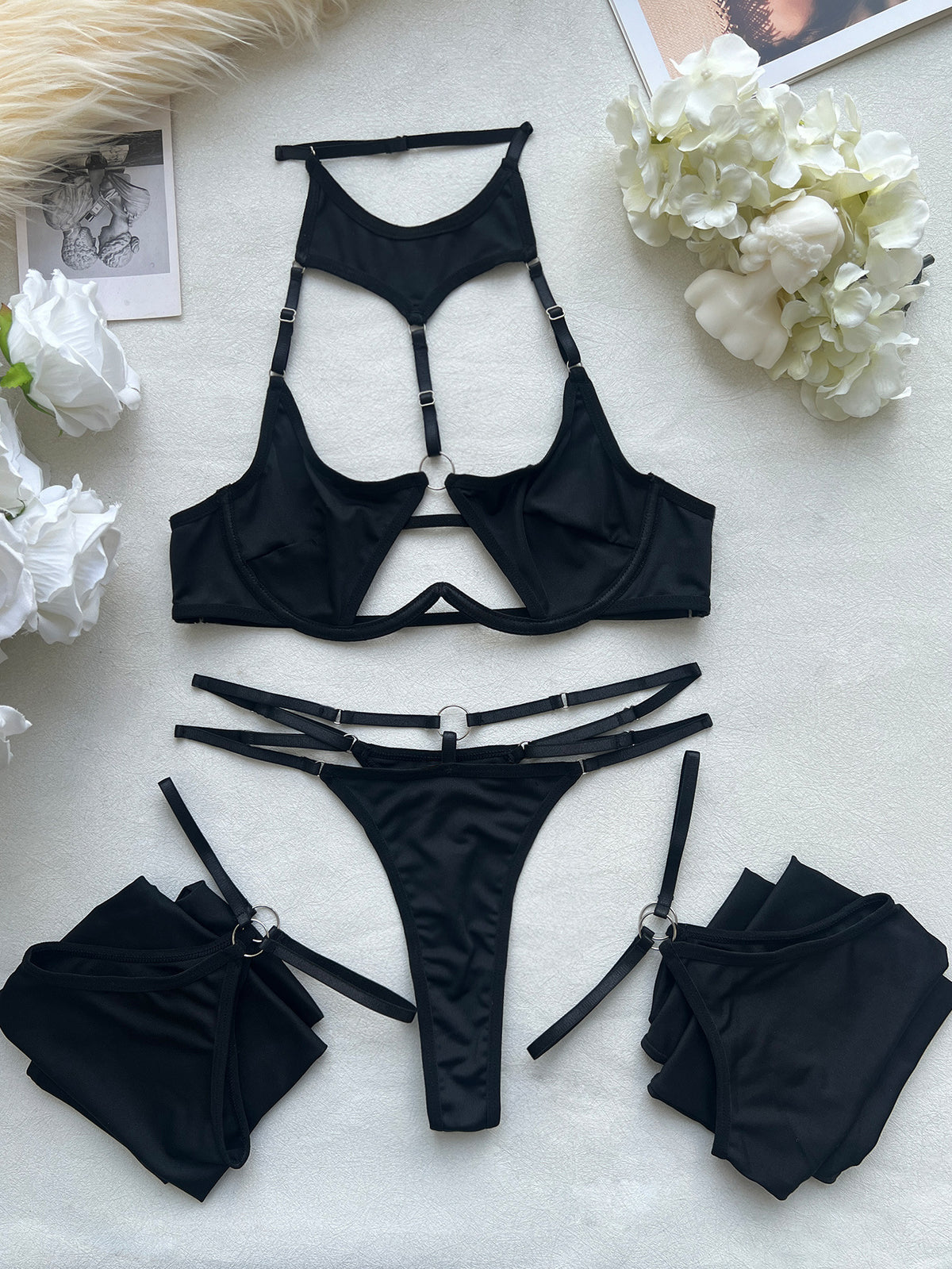 Sexy Hollow Out Lingerie Set Three Piece Lingerie Thong Garter Belt