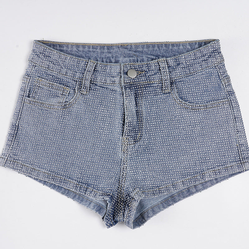Rhinestone High-Waist Denim Shorts