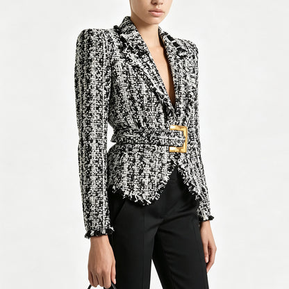 Women's Fringed Tweed Jacket Slim Fit Belted Suit Collar Long Sleeve Coat