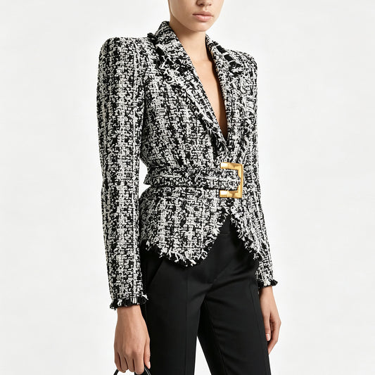 Women's Fringed Tweed Jacket Slim Fit Belted Suit Collar Long Sleeve Coat