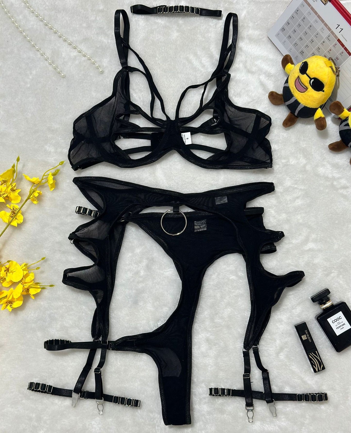 Sexy Hollow Mesh Lingerie Set with Steel Ring