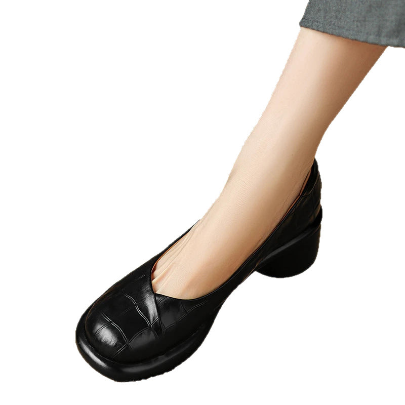 Womens Genuine Leather Round Toe Thick Heel Loafers Comfortable Retro Flats