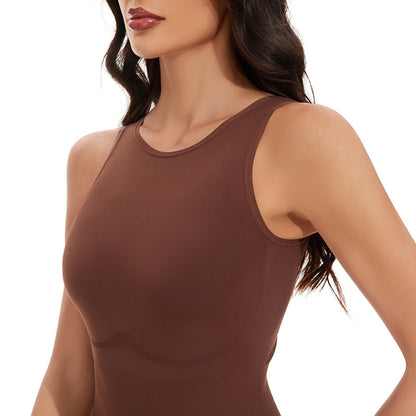 Slimming Shapewear Bodysuit with Waist-Cinching Vest, Solid Color Round-Neck One-Piece Jumpsuit