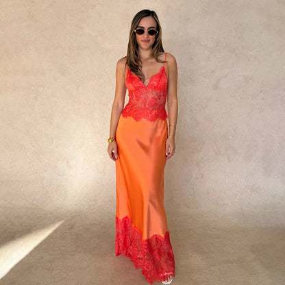 Lace Spliced Long Dress with Deep V-Neck