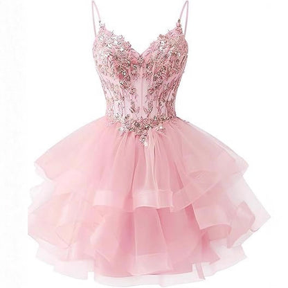 Spaghetti Strap Beaded Sequined Puffy Evening Dress