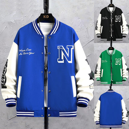 Letterprint Color Block Knoop Ronde Hals Baseball Jacket