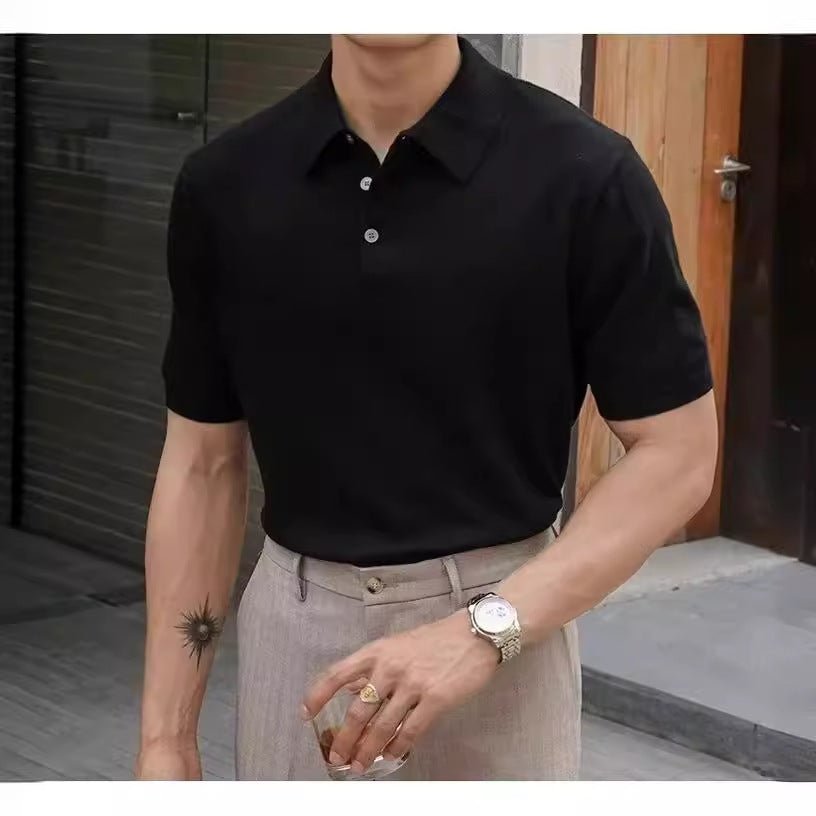 Fashion Casual Lapel Pure Color Polo Shirt Casual Knitted Short-Sleeved Men's Summer New Breathable Trendy Men's T-Shirt