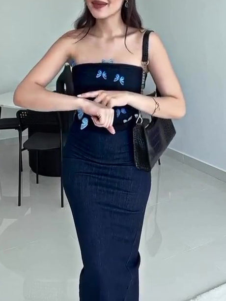 Denim Tube Top Patchwork Mesh Vlinderjurk