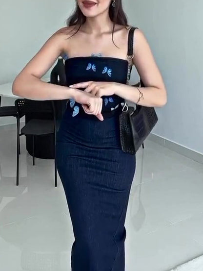 Denim Tube Top Patchwork Mesh Vlinderjurk