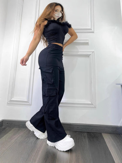 Women High-Waisted Wide-Leg Cargo Pants Multi-Pocket Casual Pants