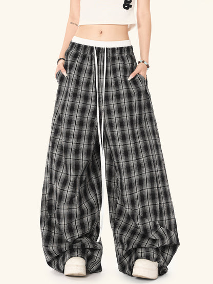 Black White Plaid High Waist Straight Leg Pants