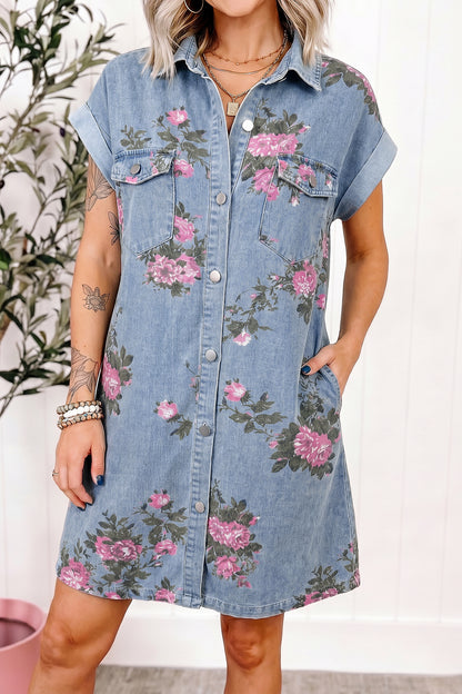 Denim jurk met bloemenprint korte mouwen manchetten zakken en knoopsluiting