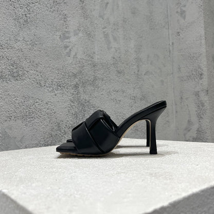 Dames slippers met hoge hakken van gesplitst leer in effen kleur