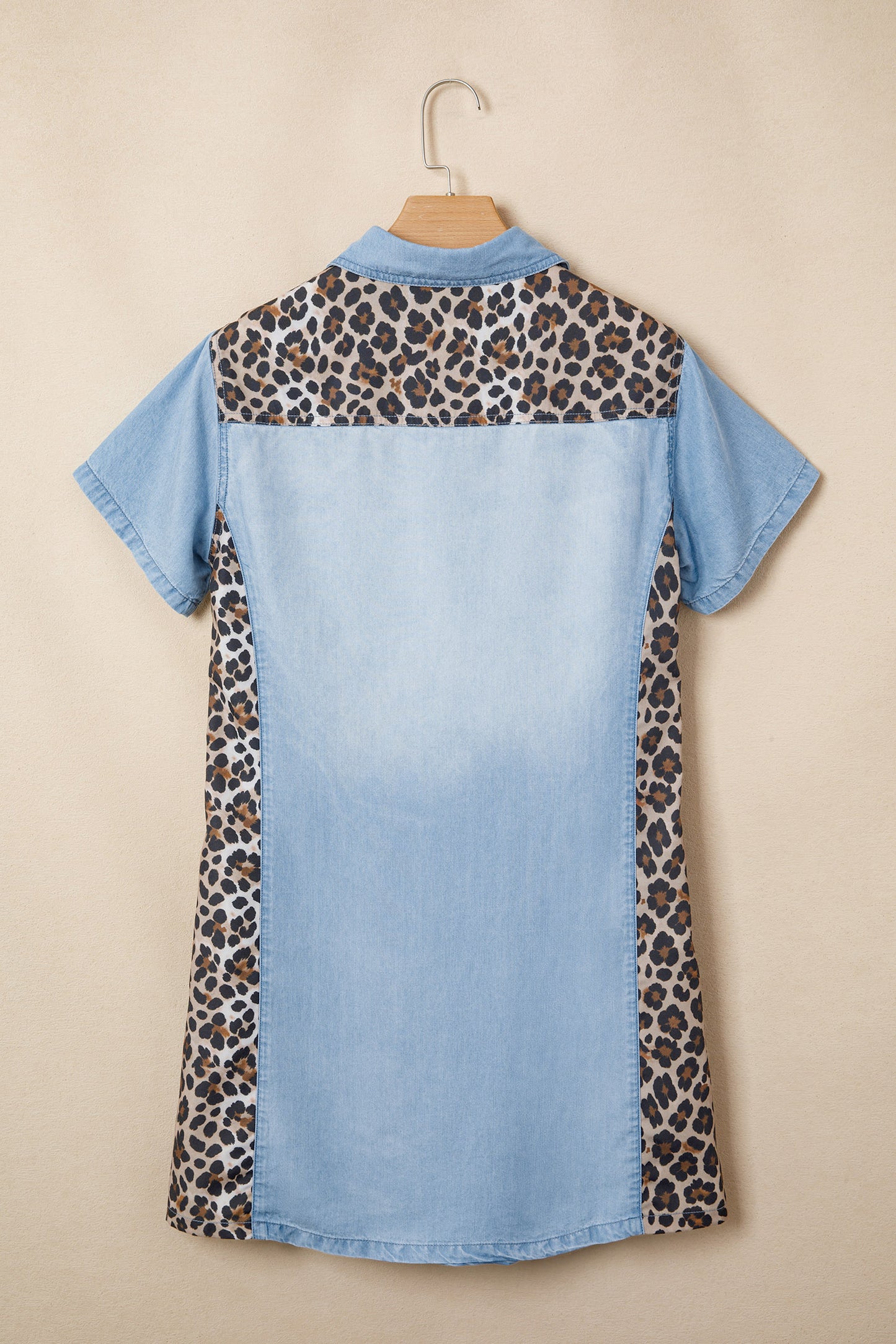 Myosotis Denim Color Block Leopard Patchwork Shirt Collar Mini-jurk