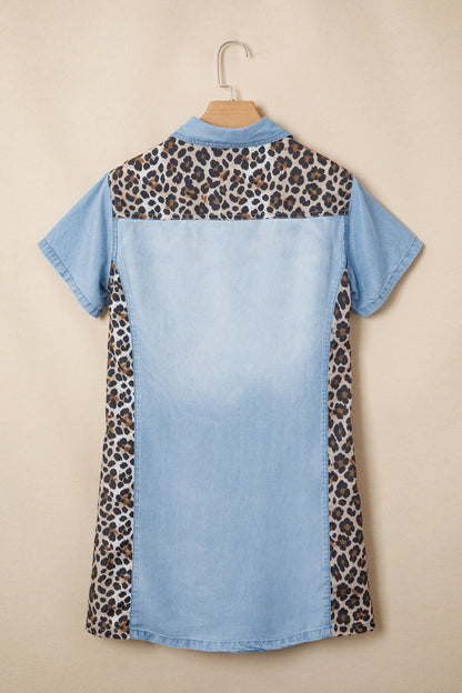 Myosotis Denim Color Block Leopard Patchwork Shirt Collar Mini-jurk