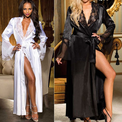 Womens Lace See Through Lingerie Mesh Robe Set